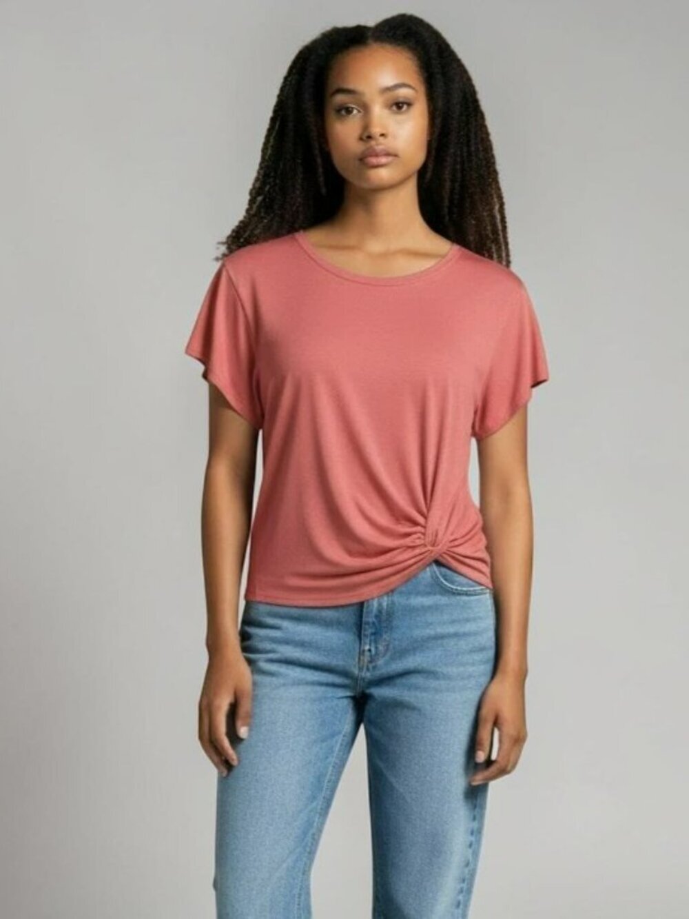 Leith Womens Small Pink Side Ruched Knot Short Sleeve Shirt Casual Top Size S